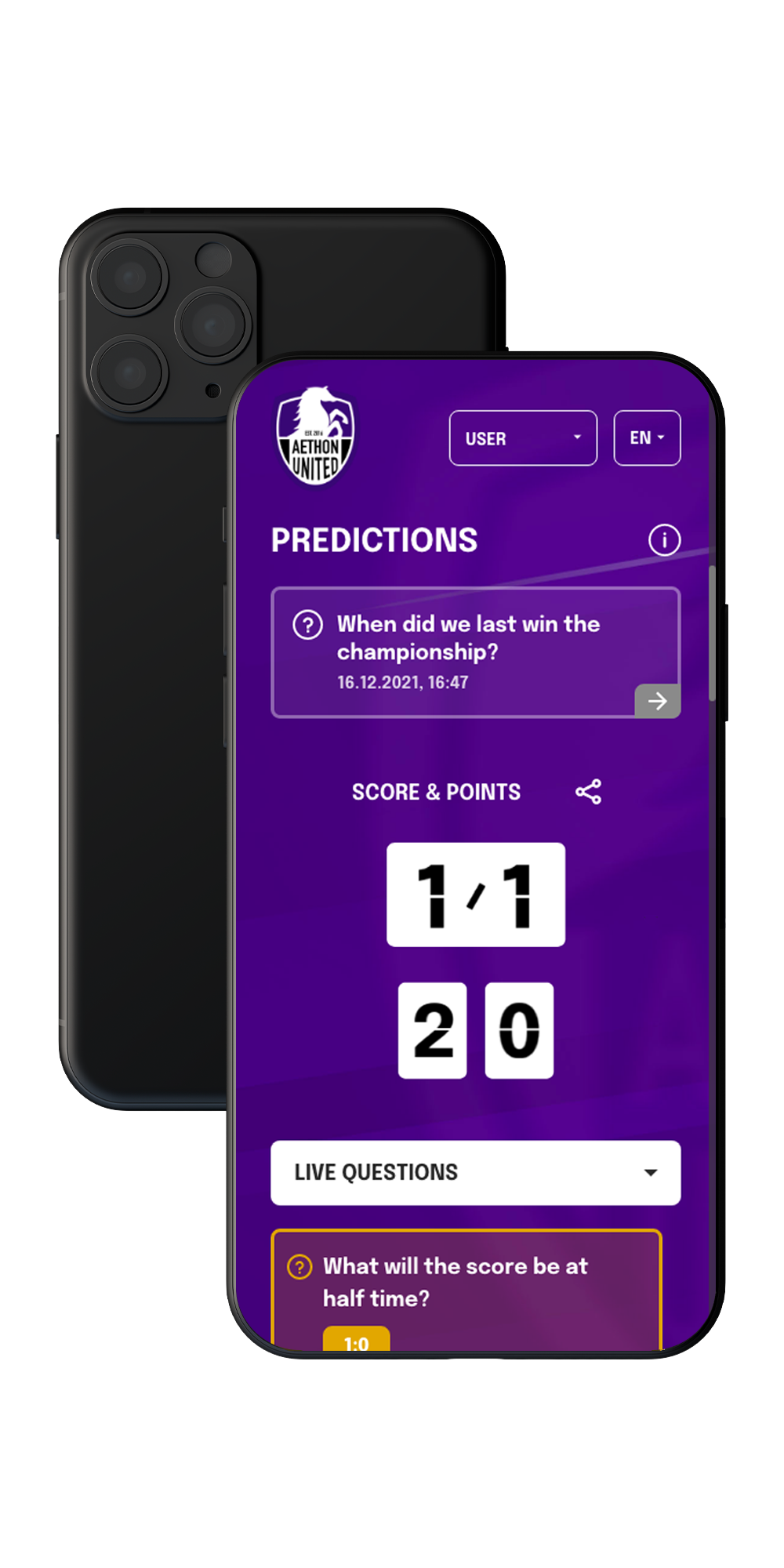 An iPhone showing the gamification solution Live Prediction